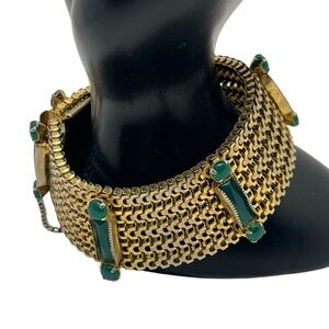 DeNICOLA Victorian Revival gold tone mesh bracelet w green rhinestones vintage